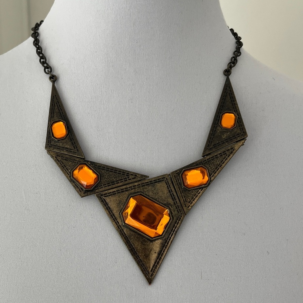 NECKLACE Costume Bronze Tone Metal Orange Sparkly Stones Industrial Geometric
